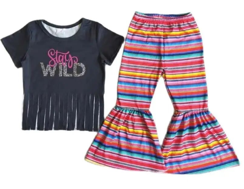 Girls STAY WILD Stripe Bell Bottom Pants Outfit Kids Clothing Spring Summer