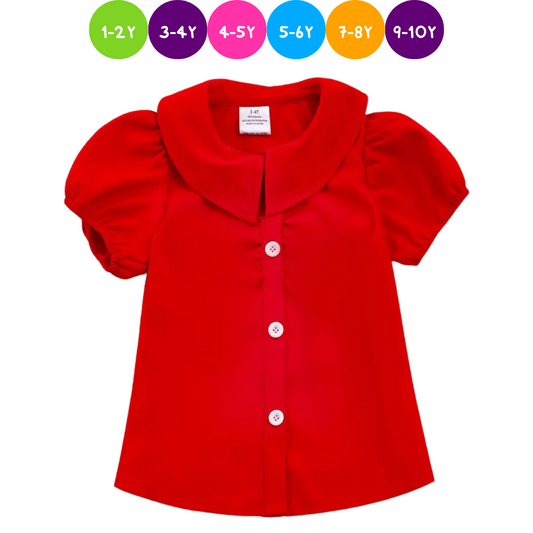 Kids Clothing - Girls Spring Summer Blouse Shirt Peter Pan Collar Red