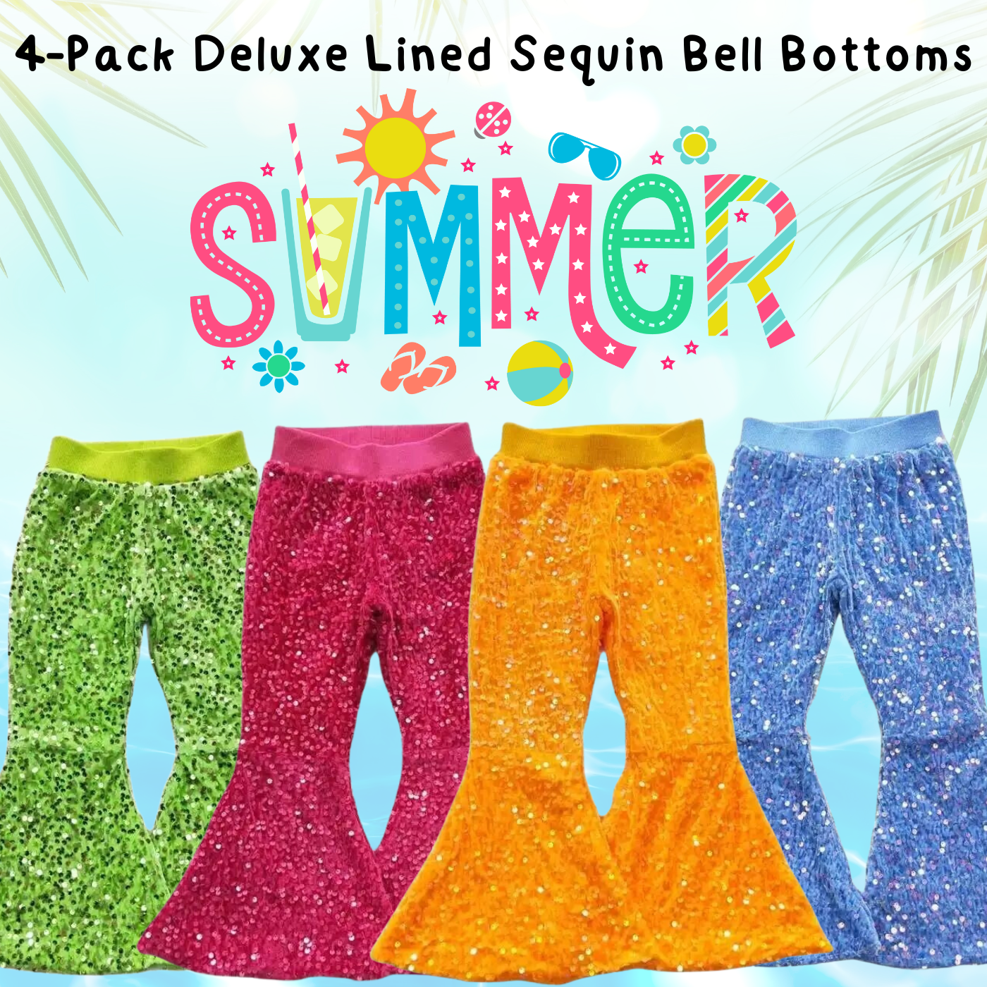 4-Pack Sequin Bell Bottoms: Bright Summer Neon Kids