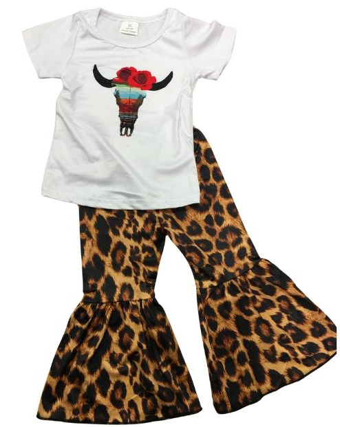 $6.00 Sale Leopard Print Steer Skull Bell Bottom Outfit - Kids Clothing Summer