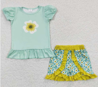 Mint/Yellow Floral Flutter Sleeve Ruffle Shorts Set Summer