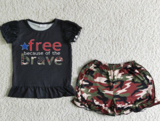 Free Because of the Brave Camo Girls Ruffle Shorts Summer Outfit