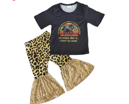 $6.00 Sale Girls Leopard Print Sequin Bell Bottom Outfit - Cowboy Horse