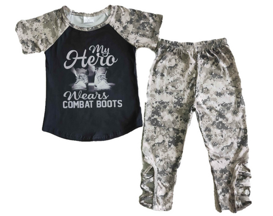Girls "My Hero Wears Combat Boots" Veteran Support Camo Outfit Kids Clothing.