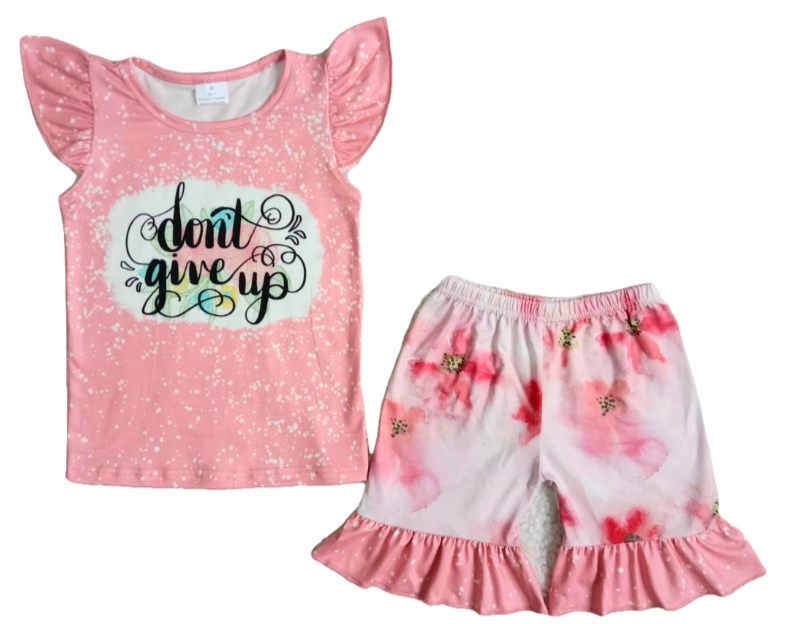 Girls "Don't Give Up!" Floral Ruffle Shorts Summer Set Kids