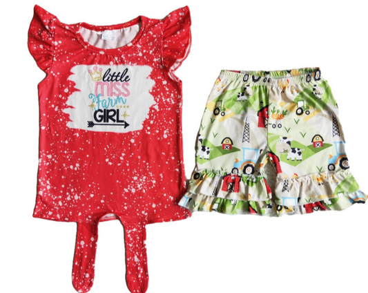 "Little Miss Farm Girl" Girls Ruffle Shorts Summer Outfit
