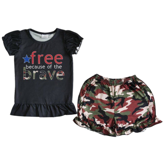 FREE BECAUSE OF THE BRAVE Girls Summer Ruffle Shorts CamoSet