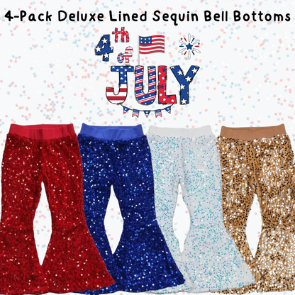 4TH OF JULY 4-Pack: Girls Deluxe Lined Sequin Bell Bottoms (Flare Pants)