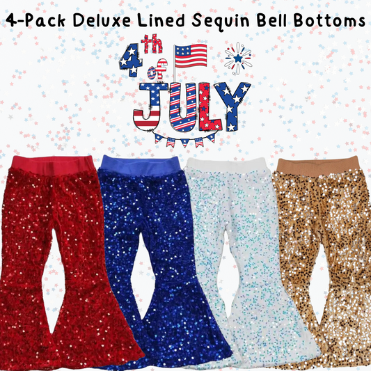 4TH OF JULY 4-Pack: Girls Deluxe Lined Sequin Bell Bottoms (Flare Pants)