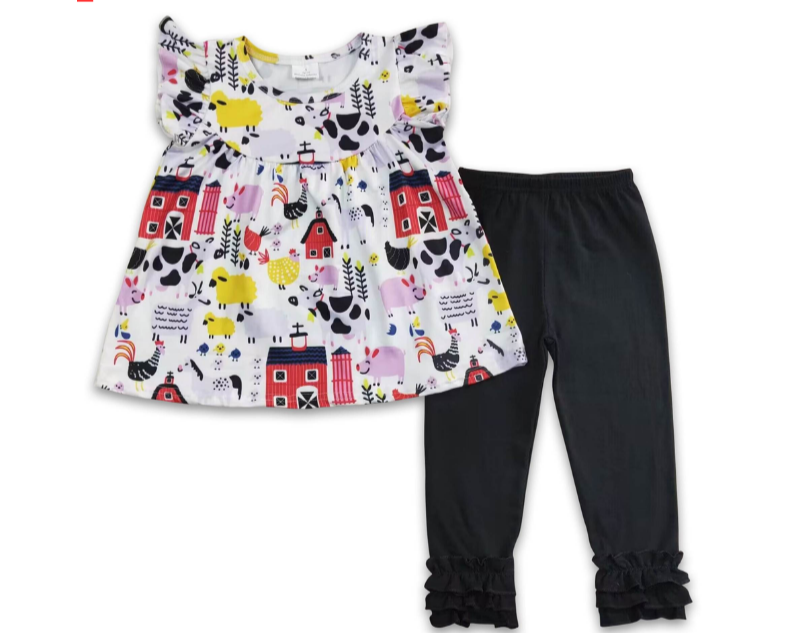 Girls Farm Tunic Ruffle Pants Outfit - Kids Clothing Summer