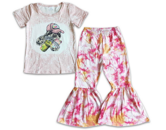 $6.00 Sale Girls Bell Bottom Outfit - Sloth - Pink Tie Dye Kids Clothing
