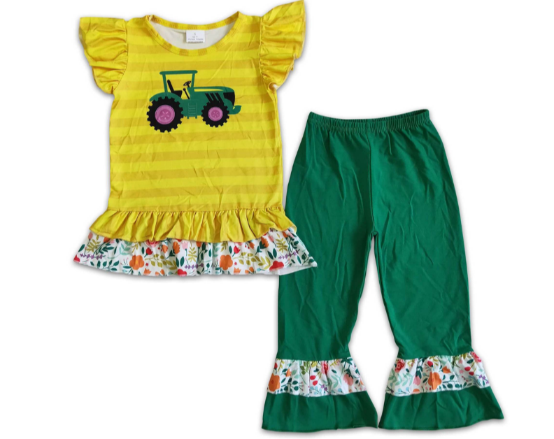 TRACTOR Green/Yellow Ruffle Sleeveless Shirt/Long Pants Set