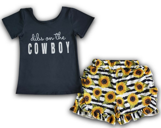Girls Summer Dibs on the Cowboy Southwest Style Sunflower Ruffle Accent Shorts Outfit