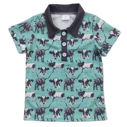 Boys Button Down Western Shirt - Turquoise Cow Kids Clothes