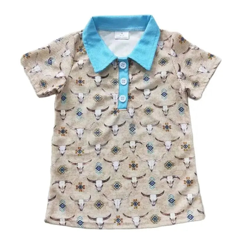 Boys Fast Ship! Southwest Aztec Geo Steer Print Button Shirt