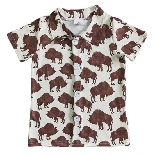 Boys Clothing -  Fast Ship! Southwest Steer Cactus Cow Print Button Down Shirt