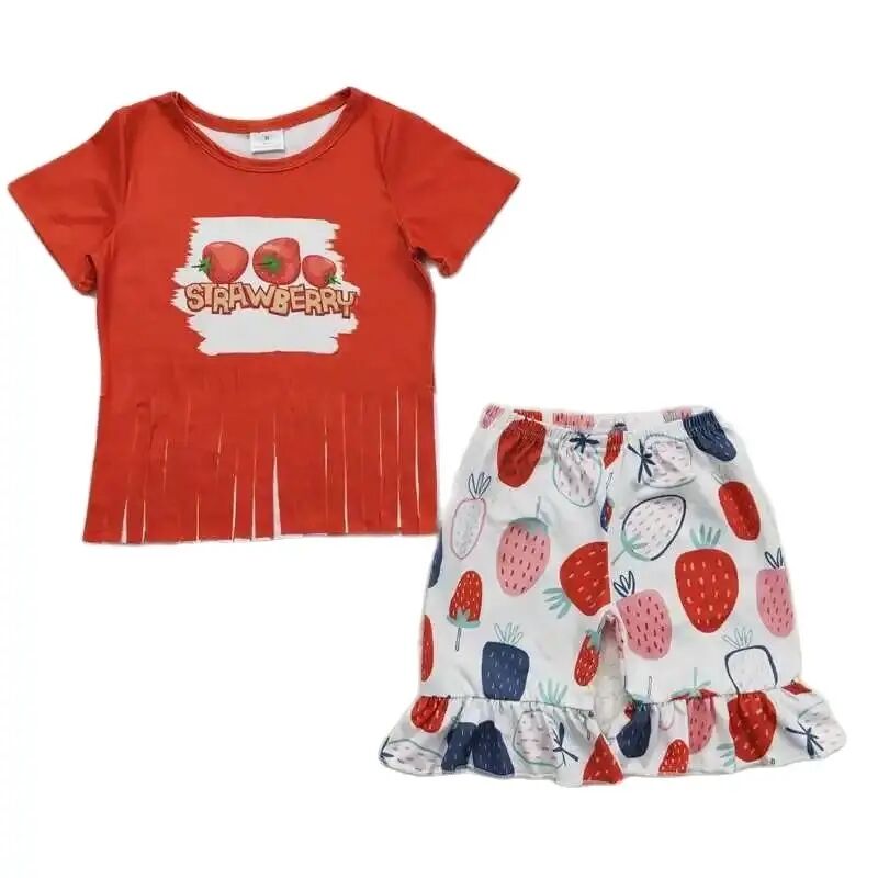 Girls Summer Strawberry Shorts Outfit Kids Clothing Ruffle Accent