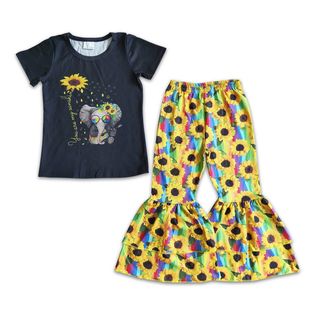 Elephant Sunflower Psychedelic Tie Dye Bell Bottom Pants Outfit