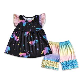 Celestial Unicorn Ruffle Shorts Outfit - Kids Clothing Summer