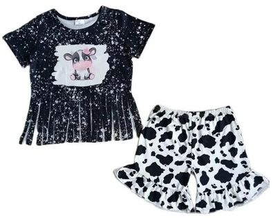 Black & White Cow Print Fringed Outfit - Kids Clothing Summer