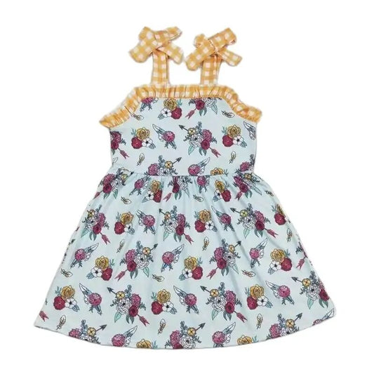 GOLDEN FLORAL GINGHAM TIE STRAP - Girls Summer Twirly Dress Ruffle Kids Clothing