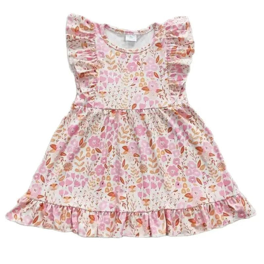 PINK FLORAL RUFFLE SLEEVE - Girls Twirly Dress Kids