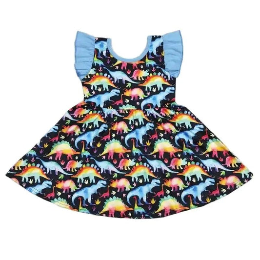 BRIGHT DINOSAUR FLUTTER SLEEVE - Girls Summer Twirly Dress Ruffle Kids Clothing