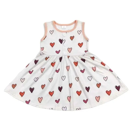 PINK HEART CUTIE - Girls Summer Sleeveless Twirly Dress Ruffle Kids Clothing
