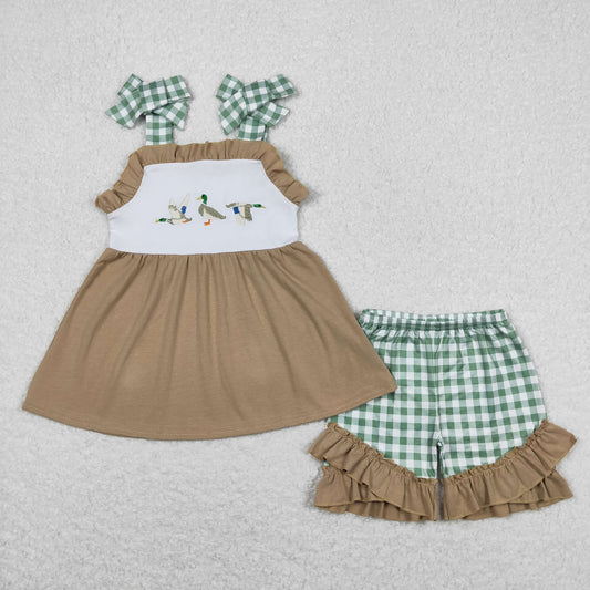 Summer Kids Clothing - Girls Duck Applique Ruffle Plaid Shorts Outfit