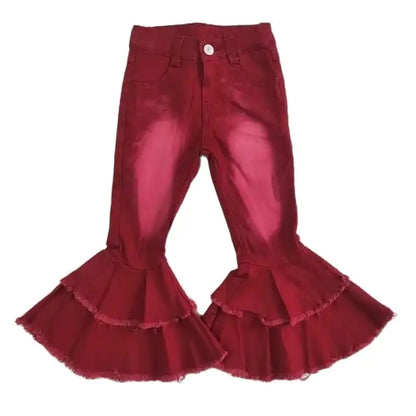 Girls Bell Bottom Denim Pants - Solid Reddish Bleached Kids