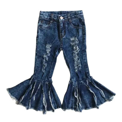 Girls Bell Bottom Denim Pants - Dark Wash Distressed Kids