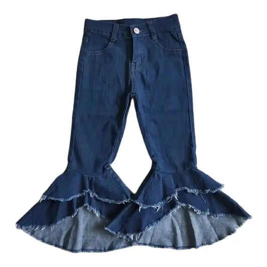 Girls Western Distressed Denim Tiered Flare Bell Bottom JEANS Pants Kids Clothes