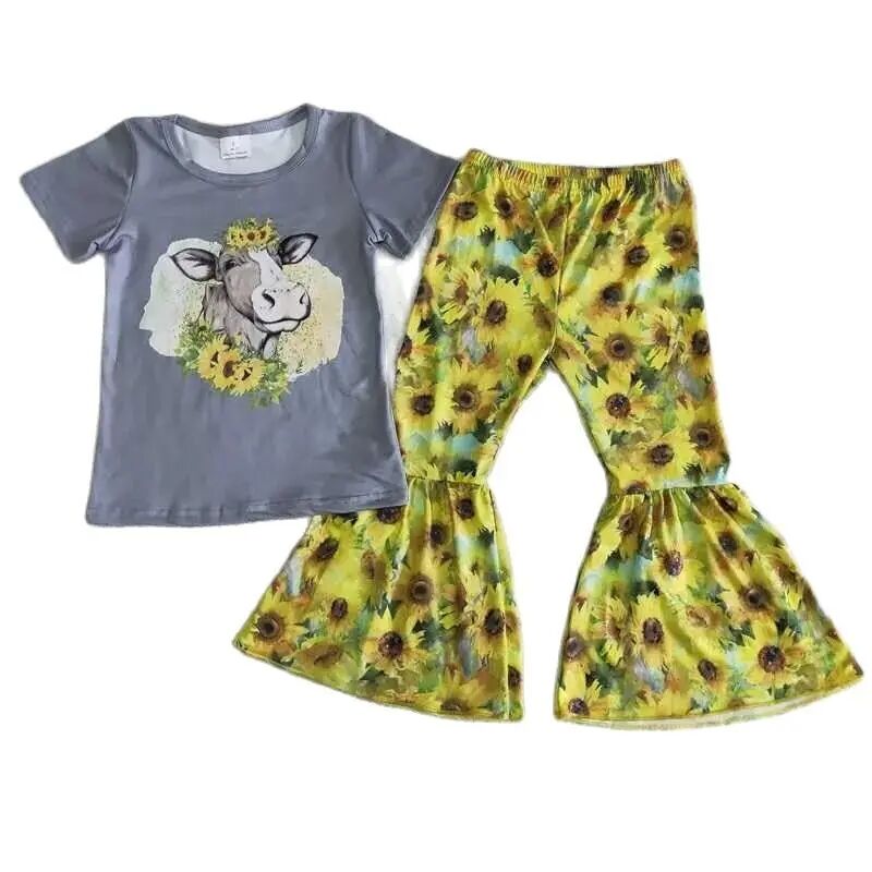 Yellow Sunflower Cow - Western Bell Bottoms Outfit Kids