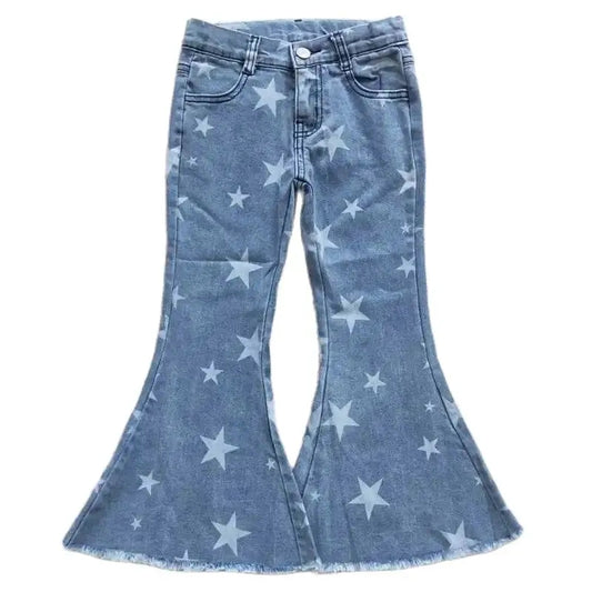 Girls Bell Bottom Denim Pants - Western Blue Star Kids