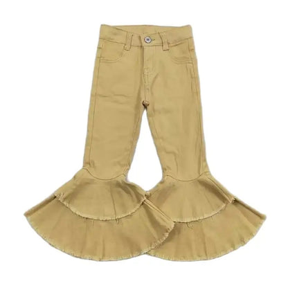 Girls Bell Bottom Denim Pants - Solid Yellow Tiered Kids