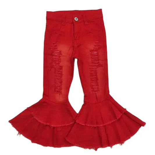 Girls Bell Bottom Distressed Denim Pants - Solid Red Kids