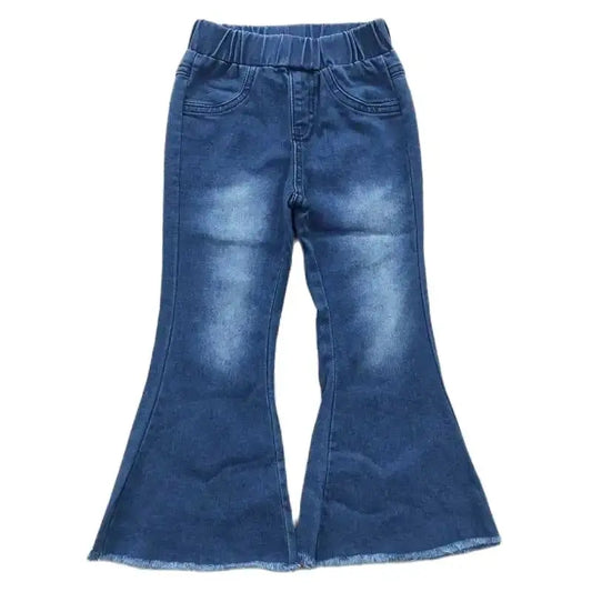 Girls Bell Bottom Denim Pants - Elastic Waist Dark Wash