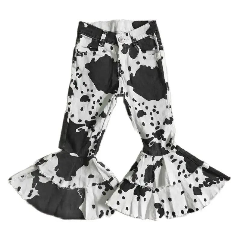 Girls Bell Bottom Denim Pants - Black & White Cow Print Kids