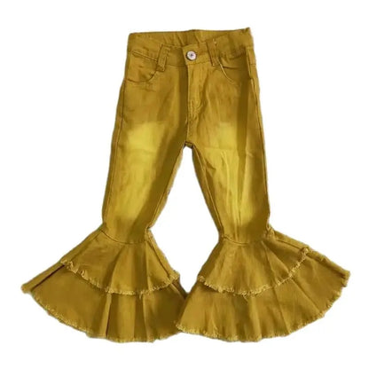 Girls Bell Bottom Denim Pants - Solid Yellow Bleached Kids