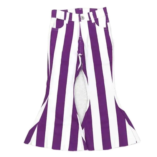 Girls Bell Bottom Denim Pants - Western Purple Stripe Kids