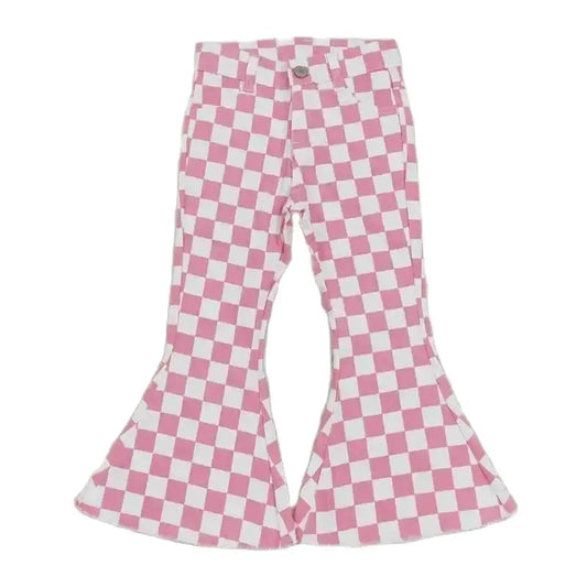 Girls Bell Bottom Denim Pants Western Pink Checkerboard Kids