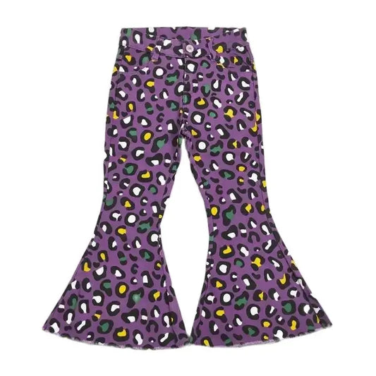 Girls Bell Bottom Denim Pants - Western Purple Leopard Kids