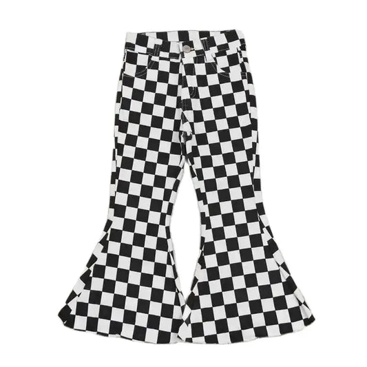 Girls Bell Bottom Denim Pants - Western Black Checkerboard