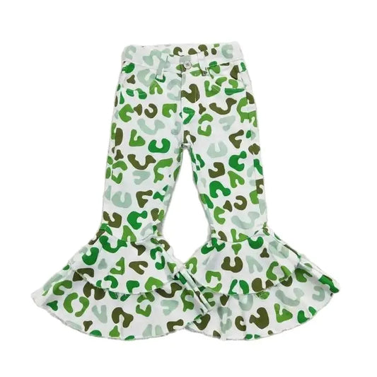 Girls Bell Bottom Denim Pants - Western Green White Leopard
