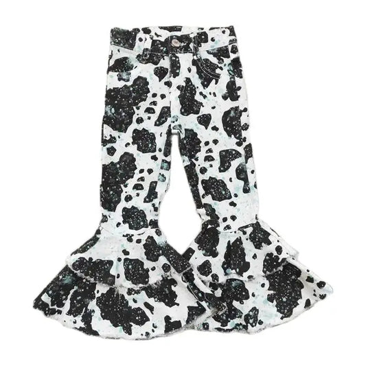 Girls Bell Bottom Denim Pants - Black & White Cow Print Kids