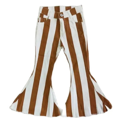 Girls Bell Bottom Denim Pants - Western Brown Stripe Kids