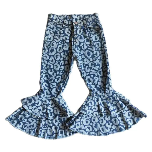 Girls Bell Bottom Denim Pants - Western Blue Leopard Print