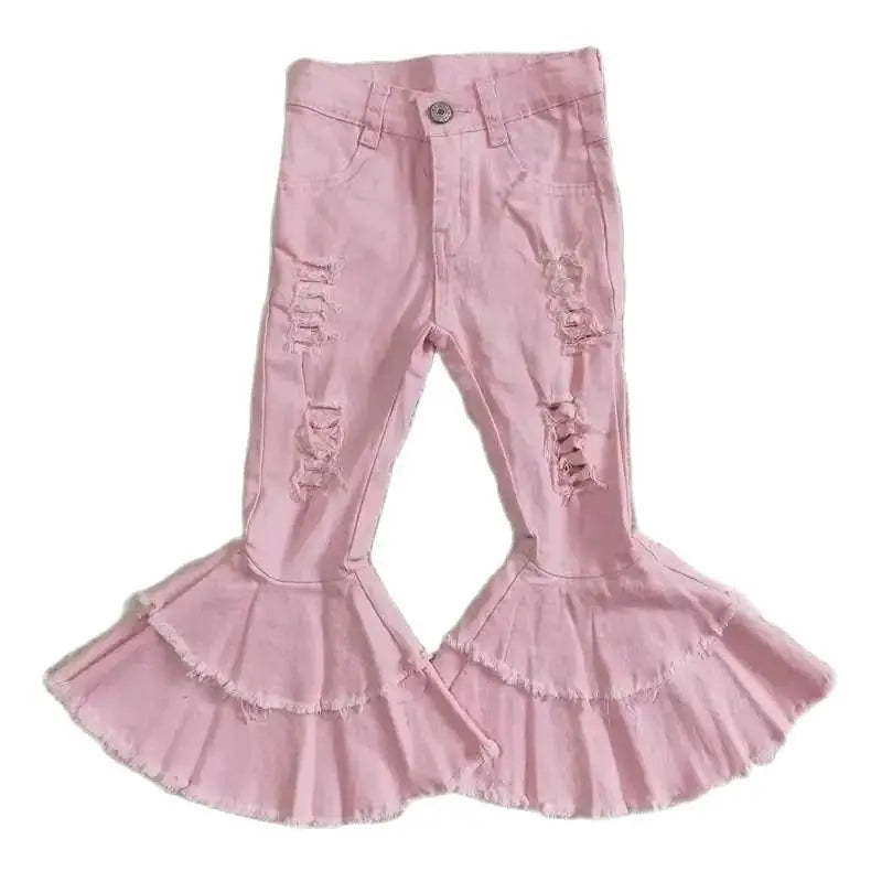Girls Bell Bottom Distressed Denim Pants - Solid Pink Kids