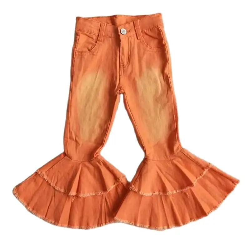 Girls Bell Bottom Denim Pants - Solid Orange Bleached Kids