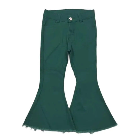 Girls Bell Bottom Denim Pants - Solid Forest Green Kids
